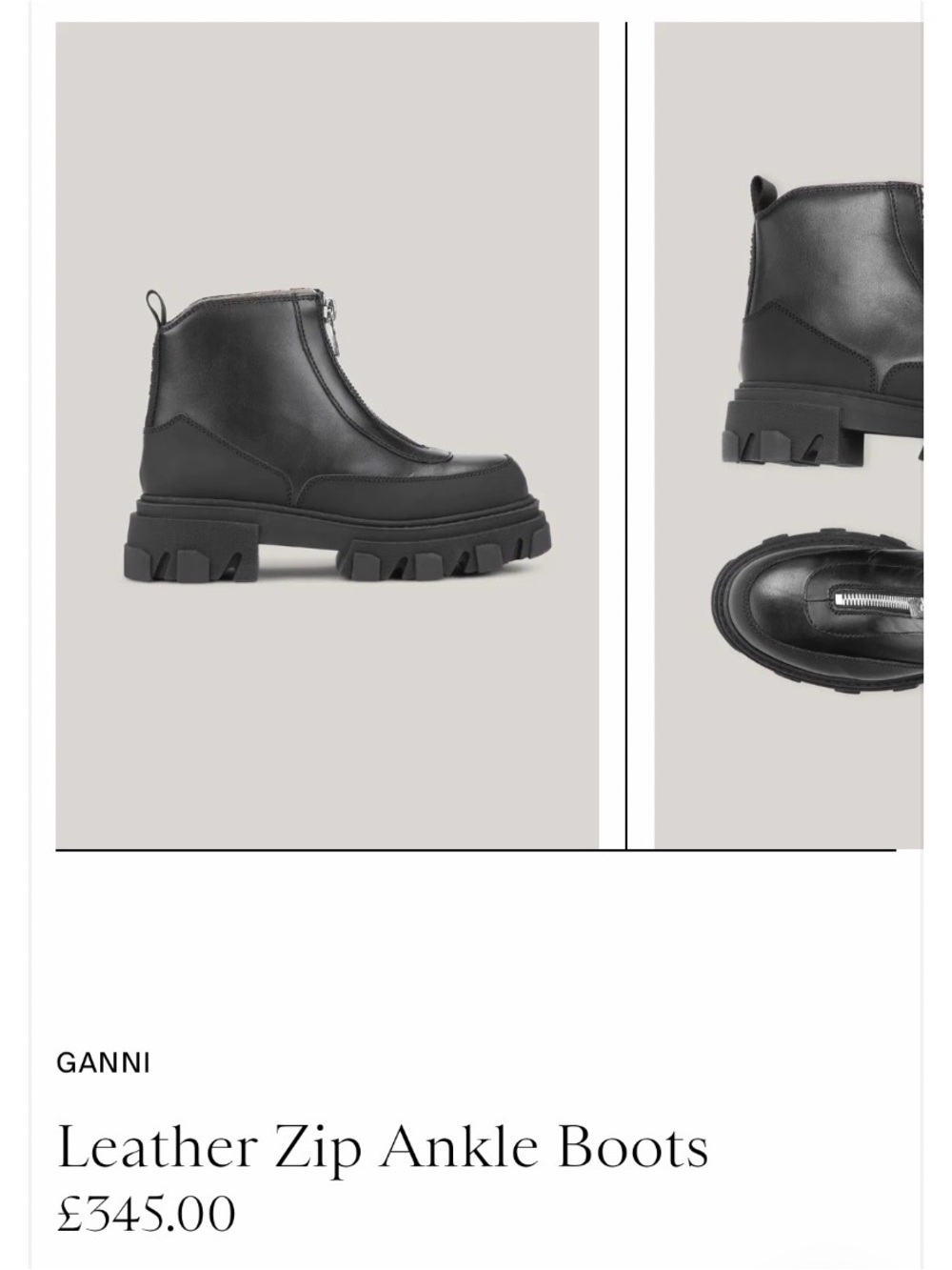 Ganni Black Leather Front-Zip Lug Sole Ankle Boots